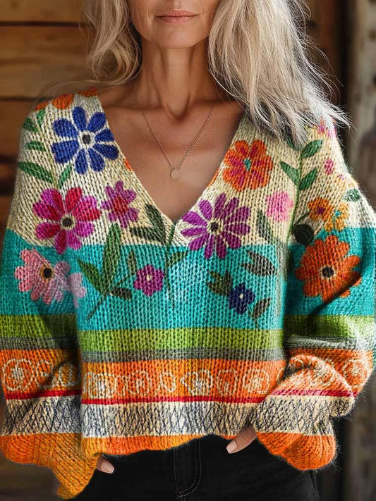 Women's Colorful Hippie Floral Art Casual V-Neck Knit Sweater