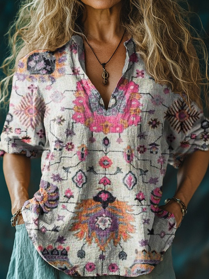 Women's vintage bohemian floral Print Casual Linen V-neck Shirt