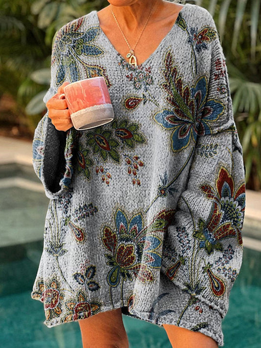 Women's Boho Folkloric Pattern Print V Neck Pullover Sweater