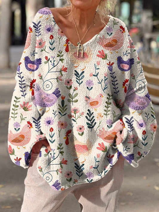 Women's Vintage Chicken Flower Pattern Art Print Casual Pullover Sweater