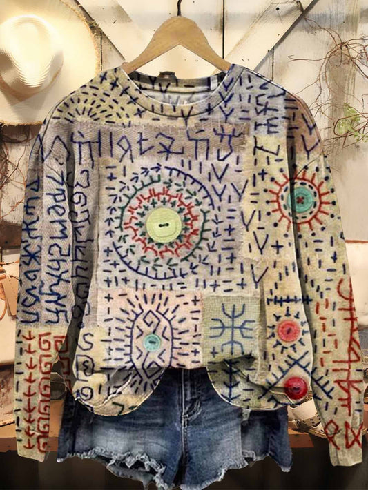 Women's Retro Patchwork Art Print Casual Sweatshirt