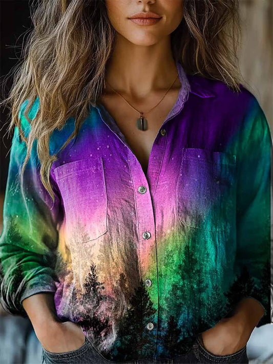 Women's Aurora Art Pattern Long Sleeve Comfortable Cotton Shirt