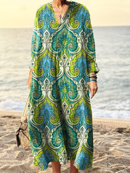 Women's Vintage Printed Dress Printed V Neck Long Sleeve Dress