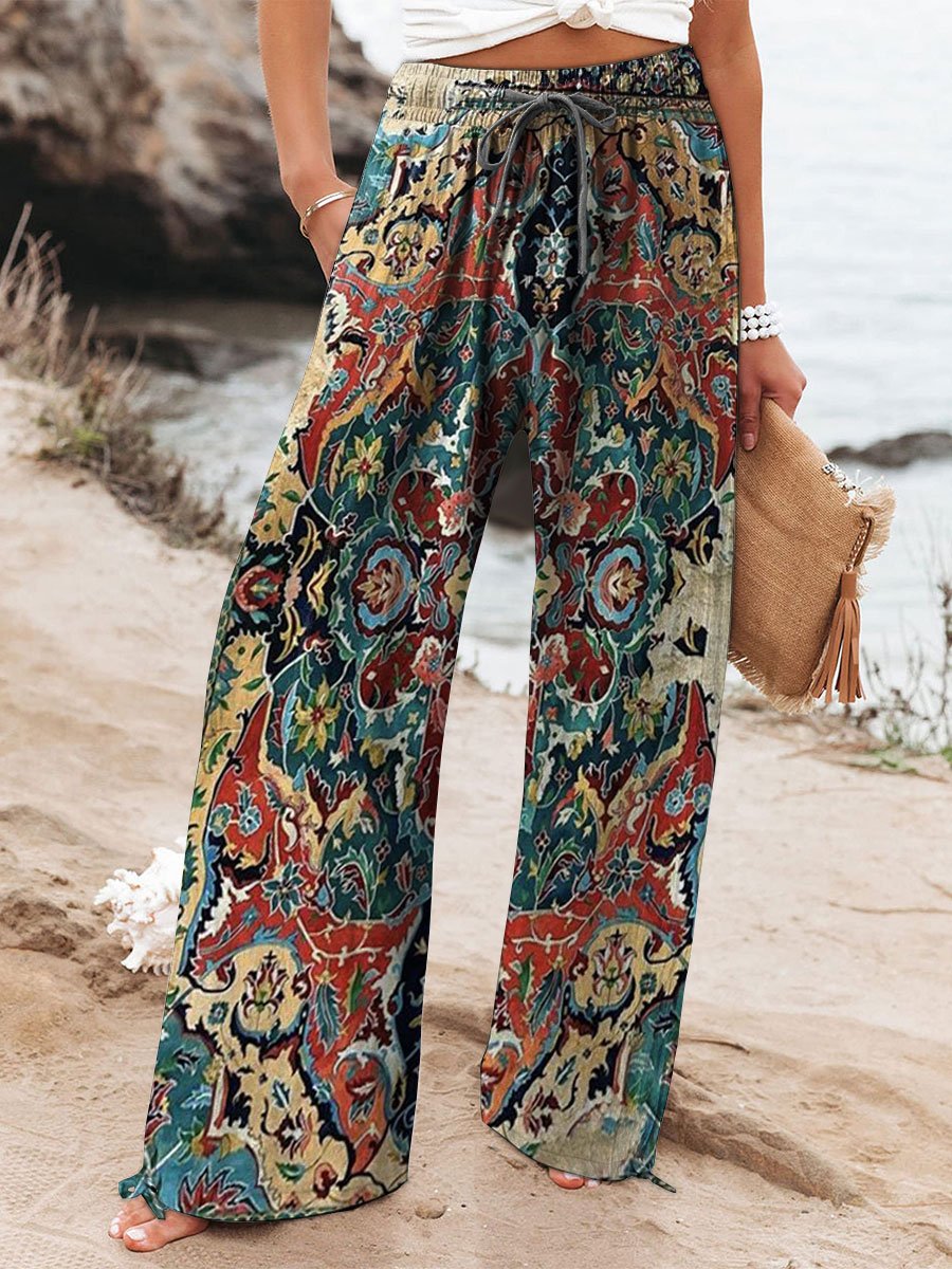 Women's Vintage Printed Cotton And Linen Casual Pants