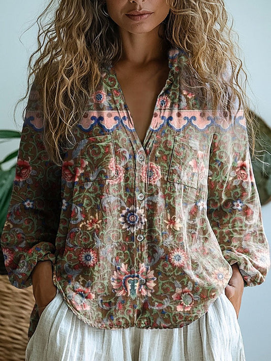 Women's Vintage Floral Art Print Casual Long Sleeve Comfortable Cotton Shirt