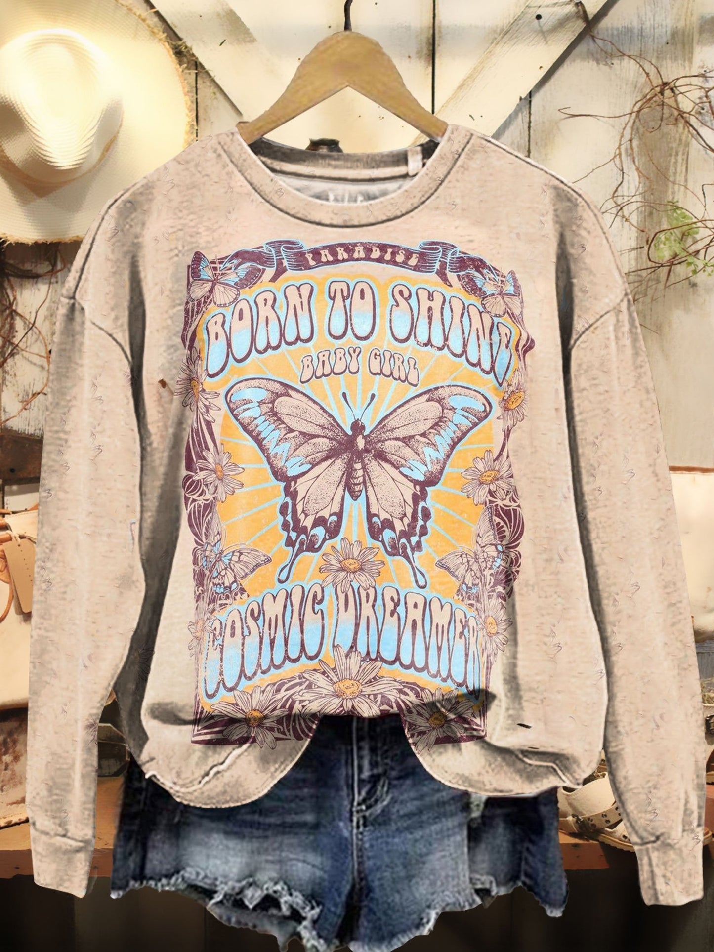 Butterfly and Floral Art Print Casual Sweatshirt