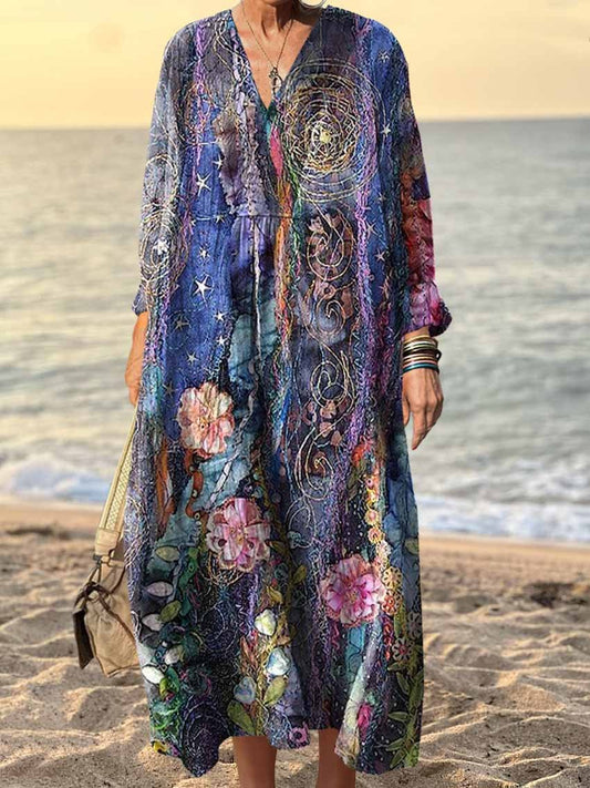 Women's Oil Painting Flowers Texture Art Pattern V Neck Long Sleeve Dress