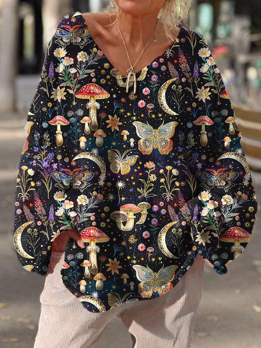 Women's Vintage Flower Butterfly Mushroom Magic Pattern Christmas Gift Art Print Casual Pullover Sweater