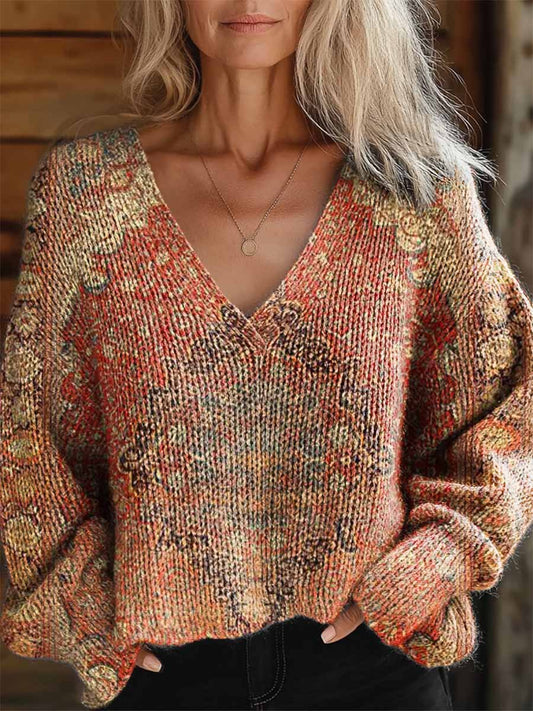 Women's Retro Ethnic Totem Pattern Casual V-Neck Knit Sweater