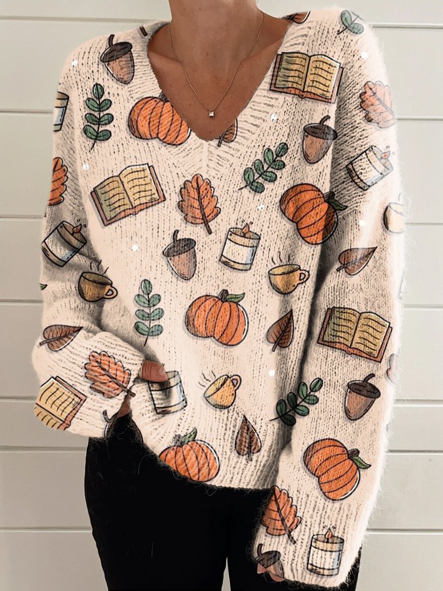 Women's Autumn Leaves And Fruit Casual V-neck Pullover Knit