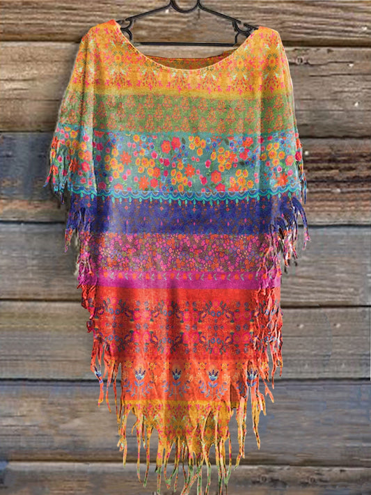 Women's Vintage Colorful Flowers Print Punk Hippie Batwing Tussle Fringes Poncho Dress