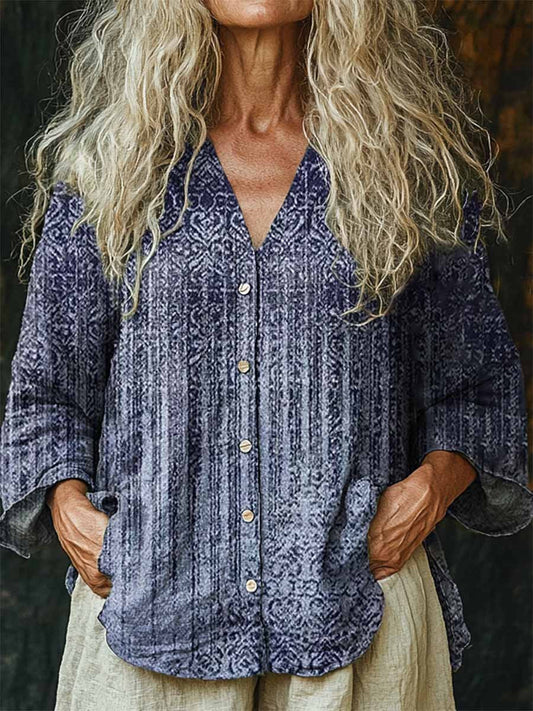 Women's Vintage Ethnic Print Linen And Cotton V-neck Casual Shirt