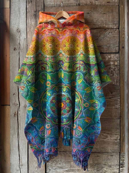 Women's Colorful Gradient Mandala Pattern Casual Knitted Blanket Poncho Hood Cape