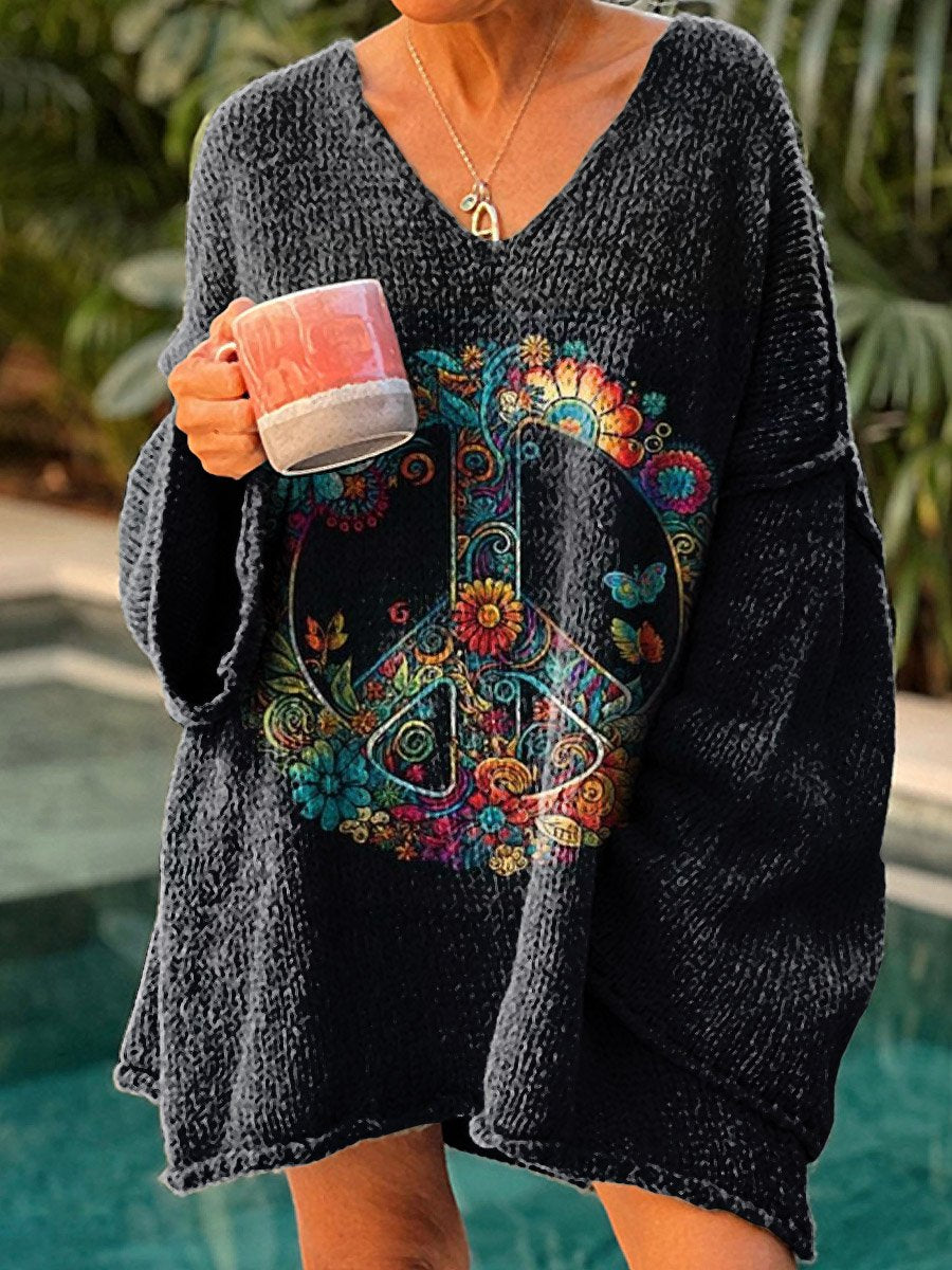 Women's Floral Hippie Art Print Casual Pullover Sweater