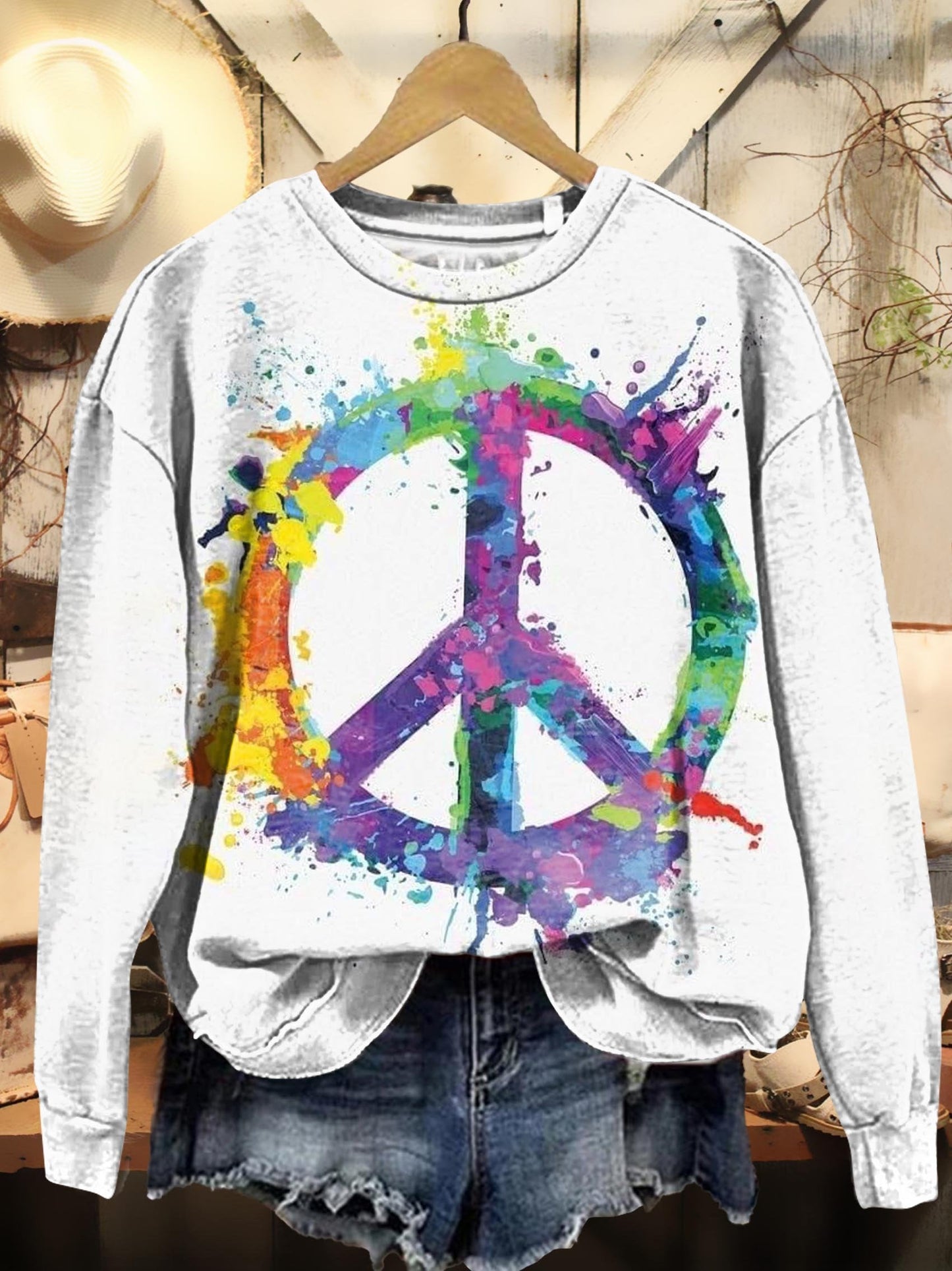 Watercolors Peace Sign Print Casual Sweatshirt