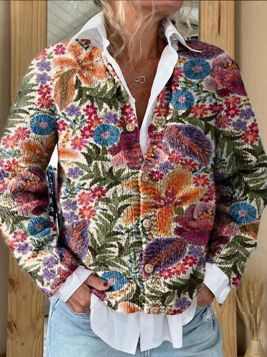 Women's Bright Floral Art Print Button Cardigan