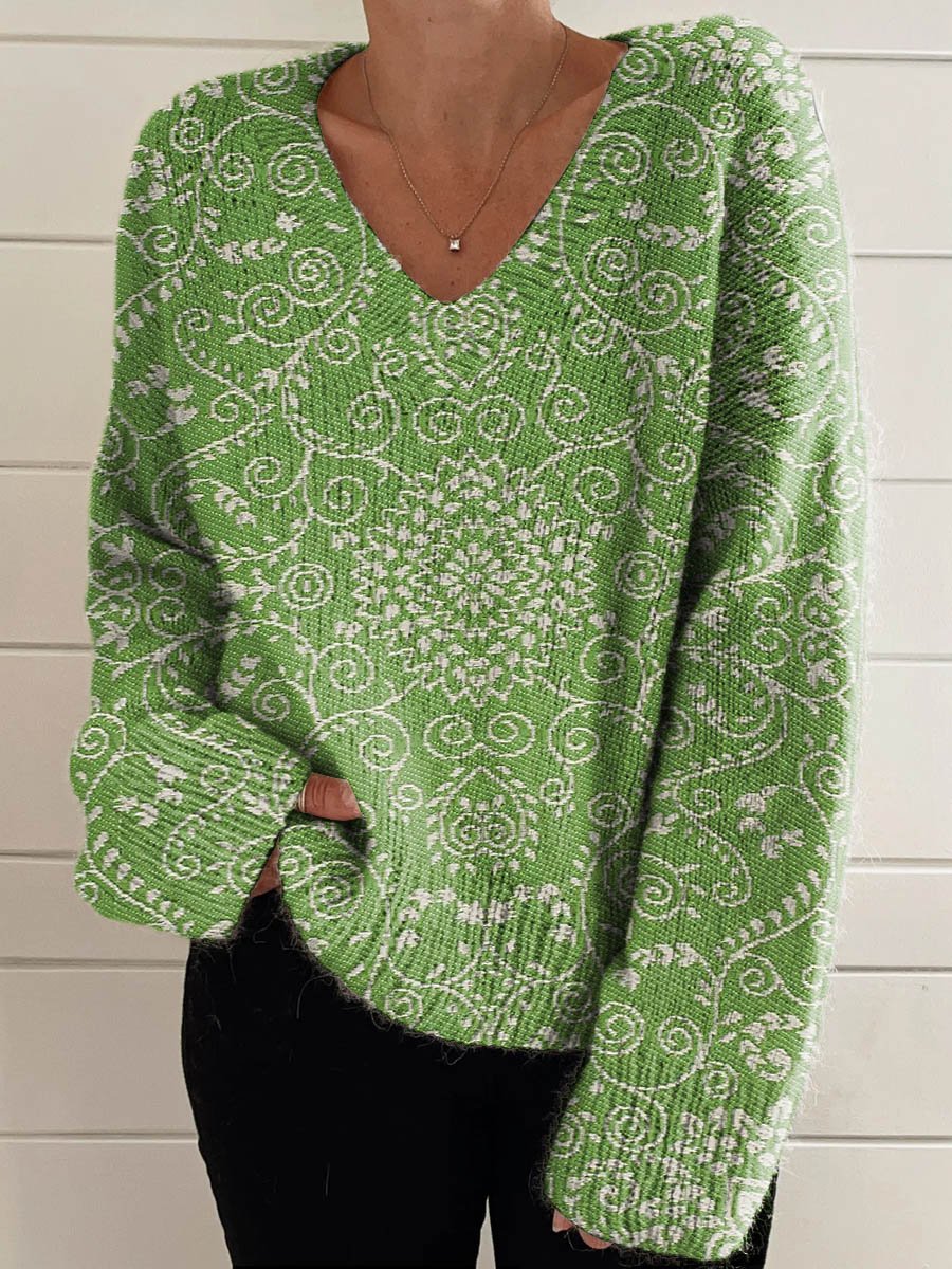 Women's Lovely Floral Art Print Casual V-neck Knit Pullover