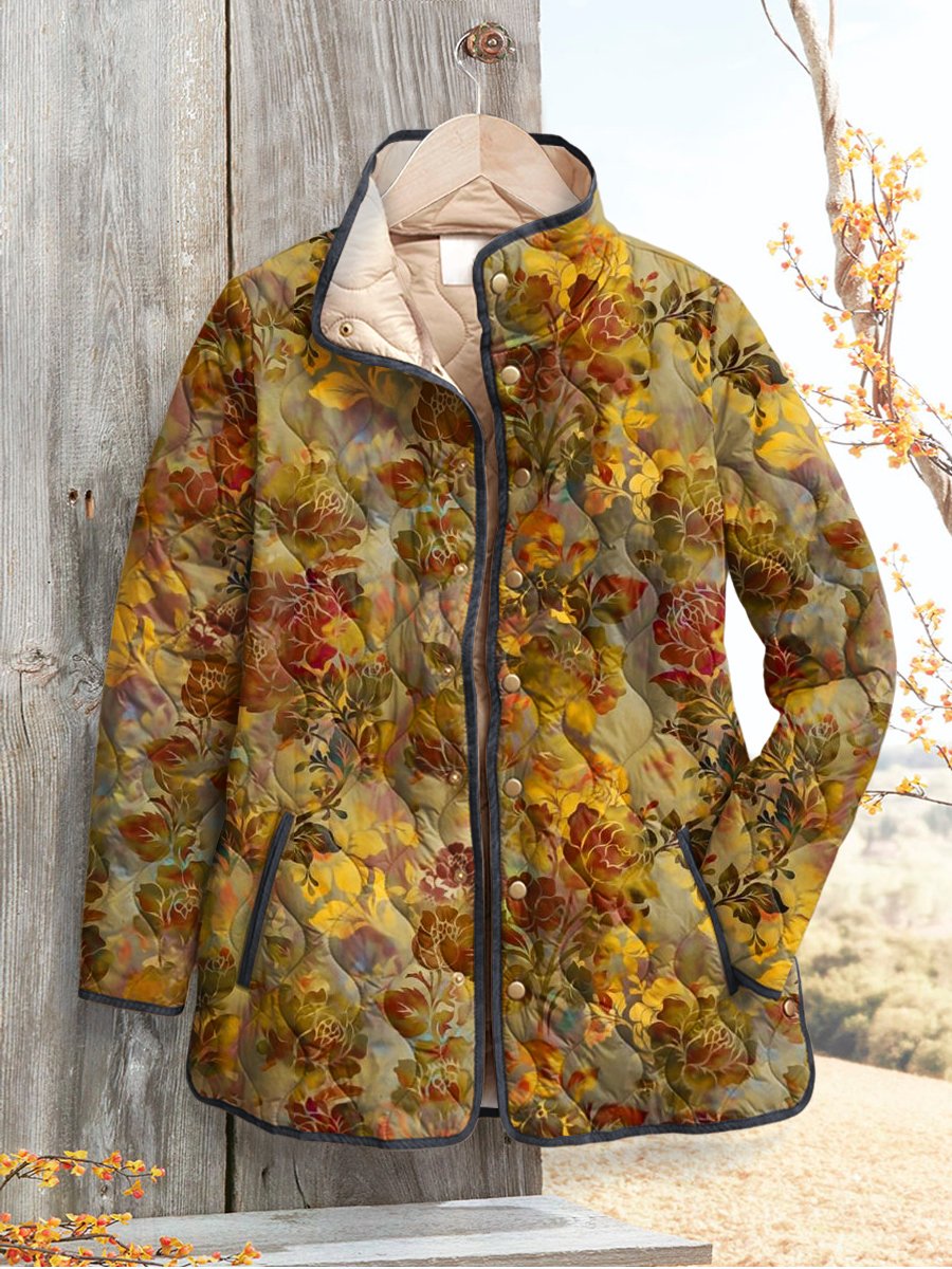 Women's Retro Floral  Art Print Casual Quilted Coat Cardigan