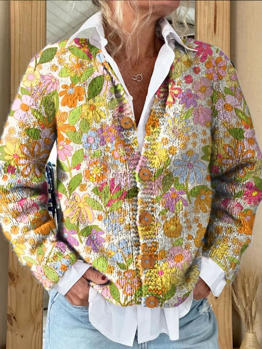 Women's Vintage Lovely Floral Art Print Buttoned Cardigan Sweater