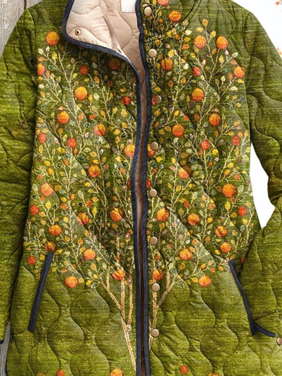 Women's Lovely Floral Tree Art Print Casual Quilted Coat Cardigan