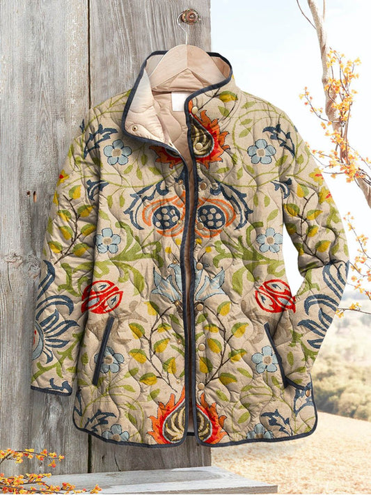 Women's Vintage Lovely Floral Art Print Casual Quilted Coat Cardigan