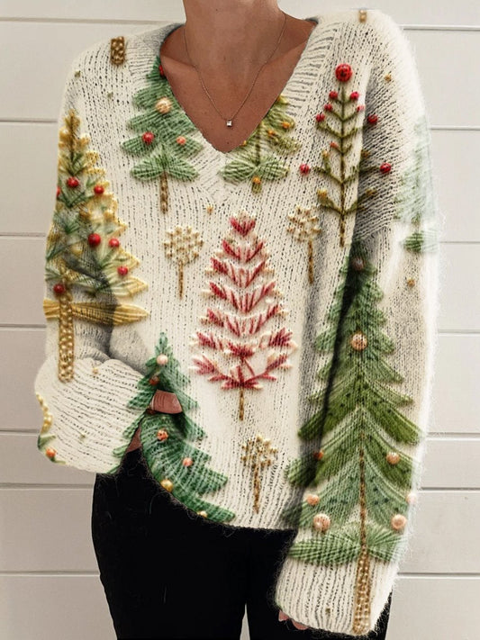 Women's Christmas Tree 3D Casual V-neck Pullover Knit