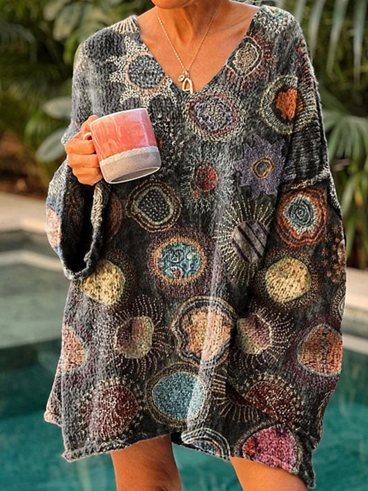 Women's Boho Ethnic Style Pattern Print V Neck Pullover Sweater