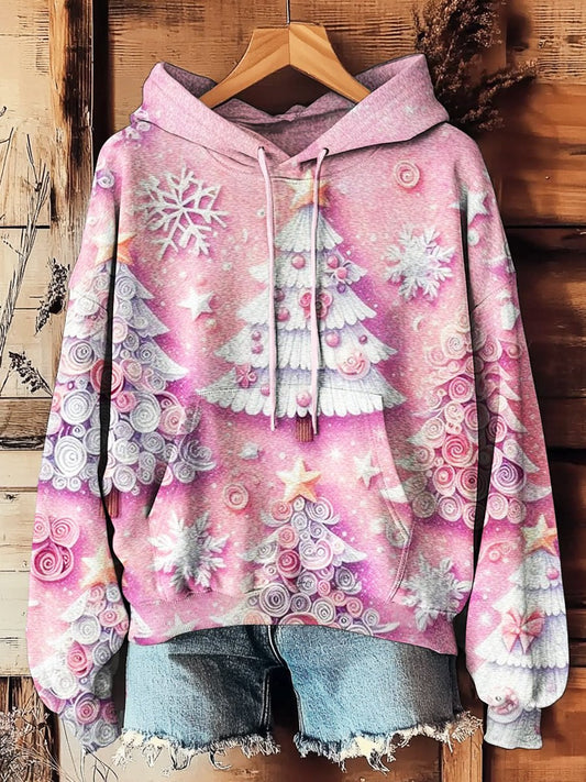 Women's Pink Christmas Tree Prints Casual Pocket Hooded Sweatshirt