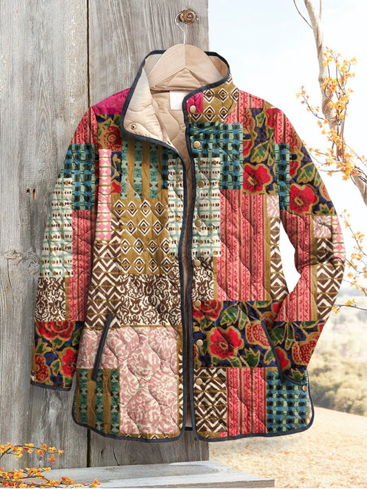 Women's Retro Floral Art Print Casual Quilted Coat