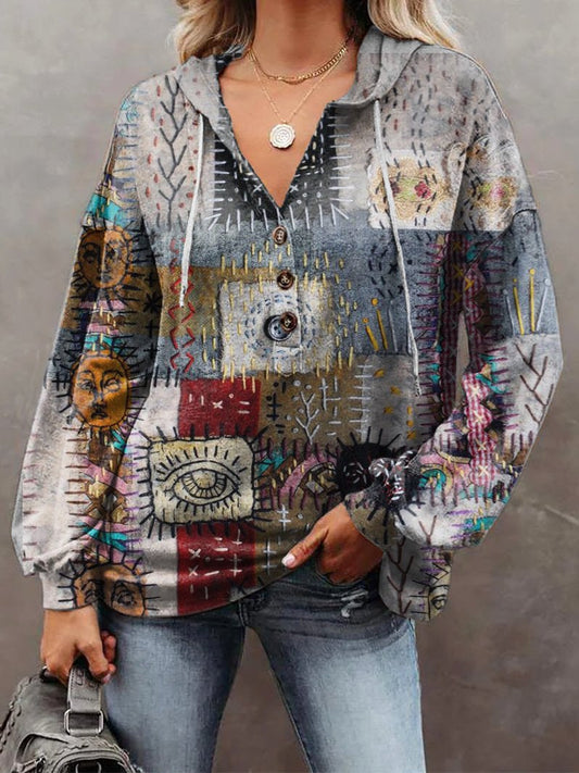 Women's Retro Patchwork Print Casual Loose Solid Color Hoodie Sweatshirt