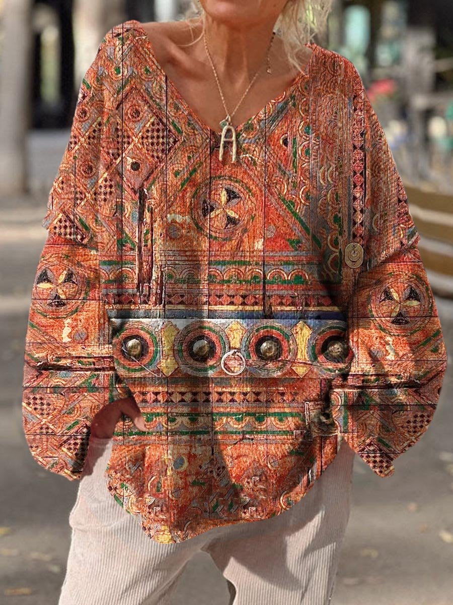 Women's Vintage Flower Abstract Geometric Splicing Pattern Art Print Casual Pullover Sweater