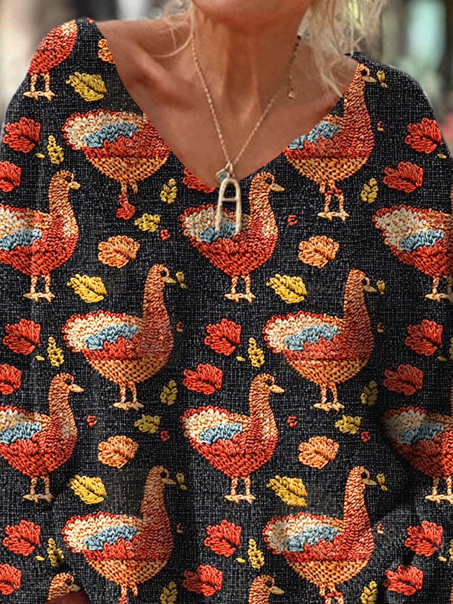 Women's Vintage Fall Turkey Thanksgiving Pattern Christmas Gift Art Print Casual Pullover Sweater