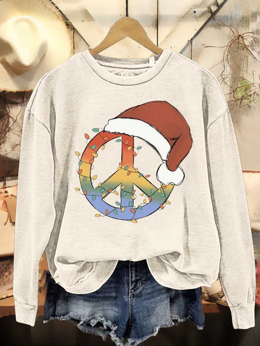 Christmas Santa Hat Hippie Peace Sign Love and Peace Casual Sweatshirt