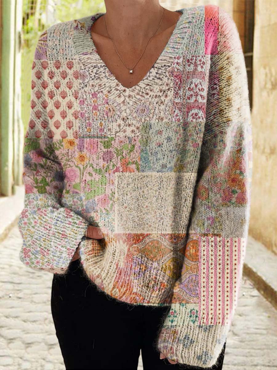 Women's Floral Panel Casual V Neck Pullover Sweater