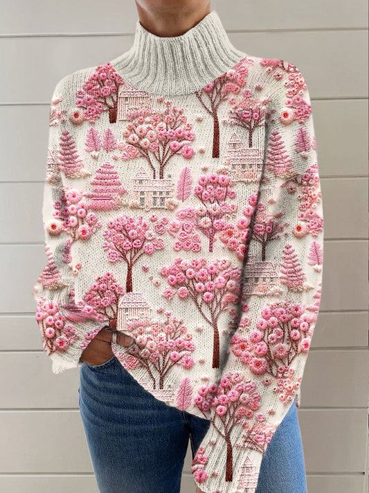 Retro Flower Print Knit Turtleneck Pullover Sweater