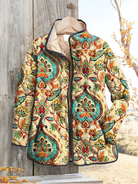 Women's Vintage Lovely Floral Art Print Casual Quilted Coat Cardigan