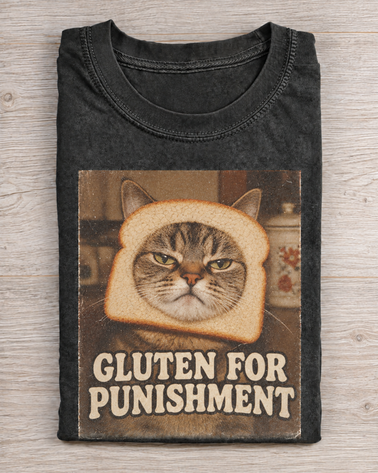 Black Washed Cat Toast Gluten For Punishment Graphic Tee
