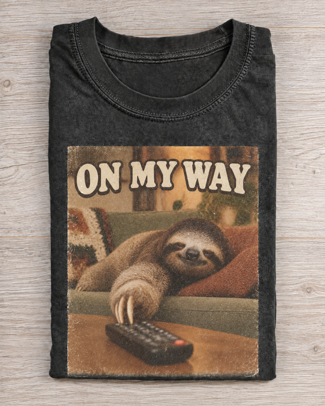 Black Washed Sloth On My Way Graphic Tee