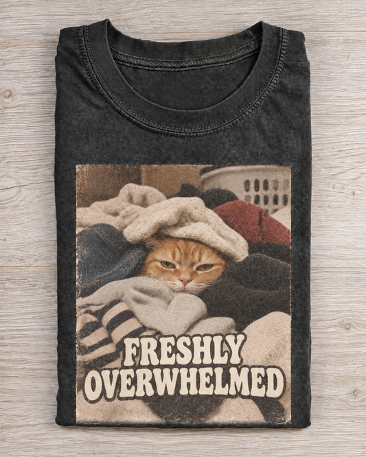 Black Washed Cat Freshly Overwhelmed Graphic Tee