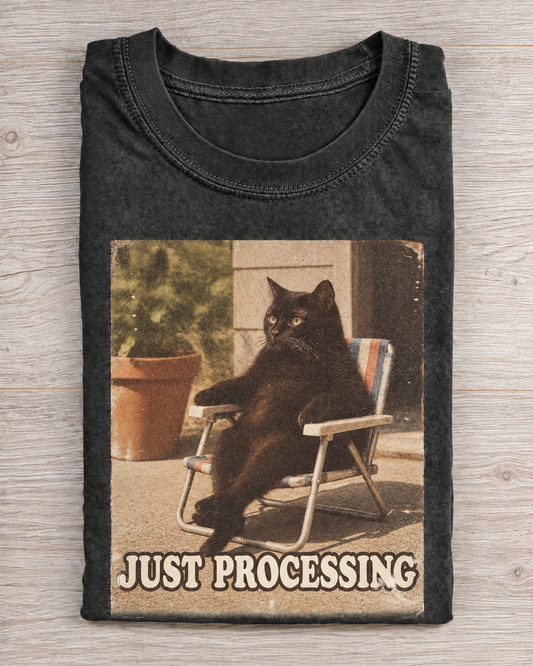 Black Washed Cat Just Processing Graphic Tee
