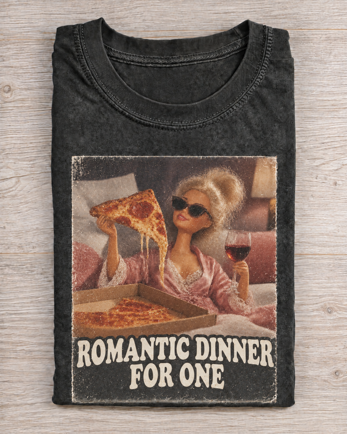 Black Washed Doll Romantic Dinner For One Graphic Tee