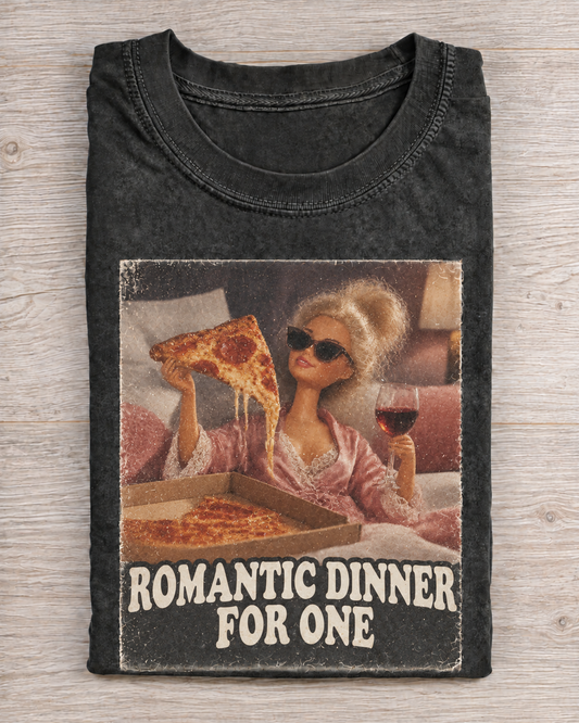 Black Washed Doll Romantic Dinner For One Graphic Tee