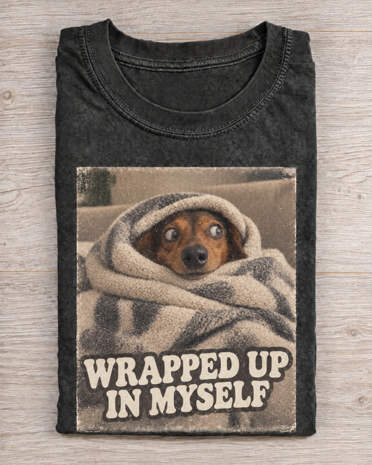 Black Washed Dog Wrapped Up In Myself Graphic Tee