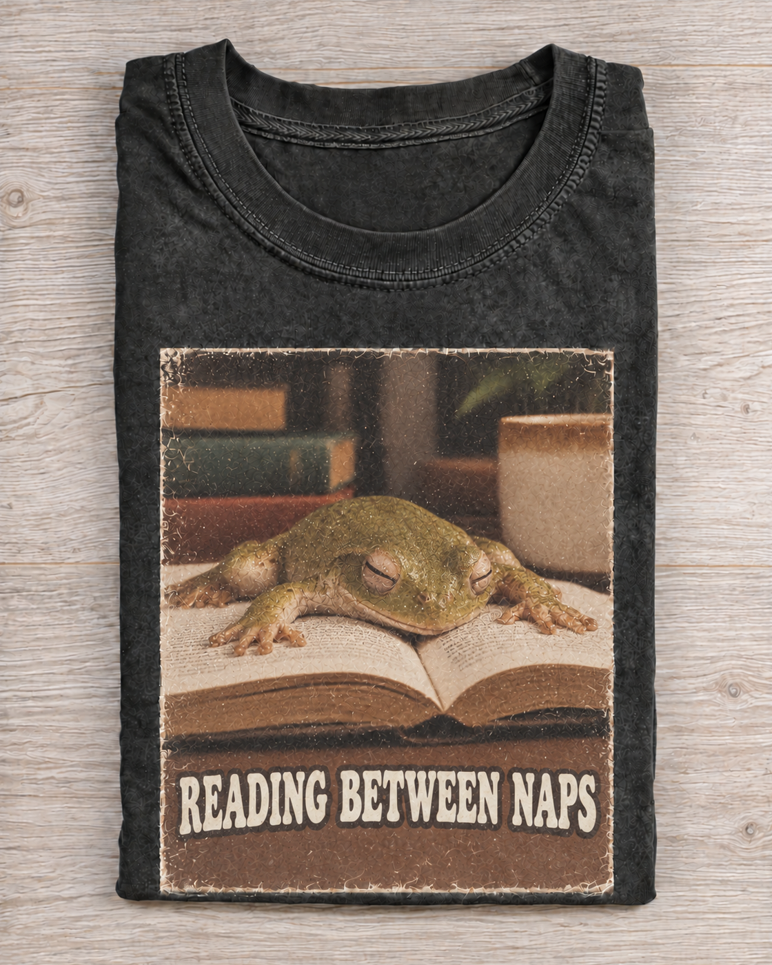Black Washed Frog Reading Between Naps Graphic Tee