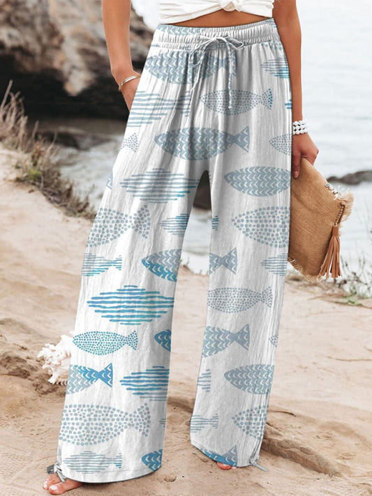 Women's Vintage Fish Art Printed Cotton And Linen Casual Pants