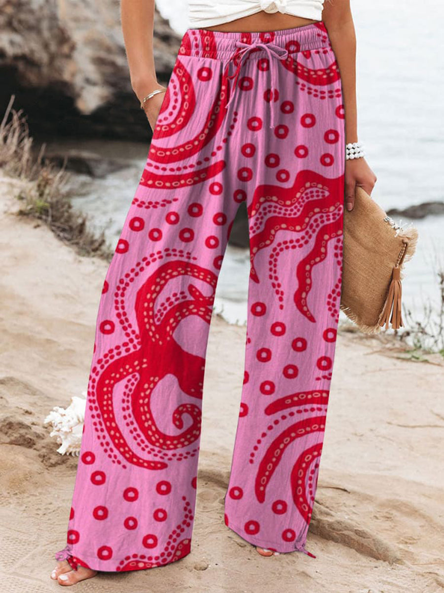 Women's Pink Octopus Art Printed Cotton And Linen Casual Pants