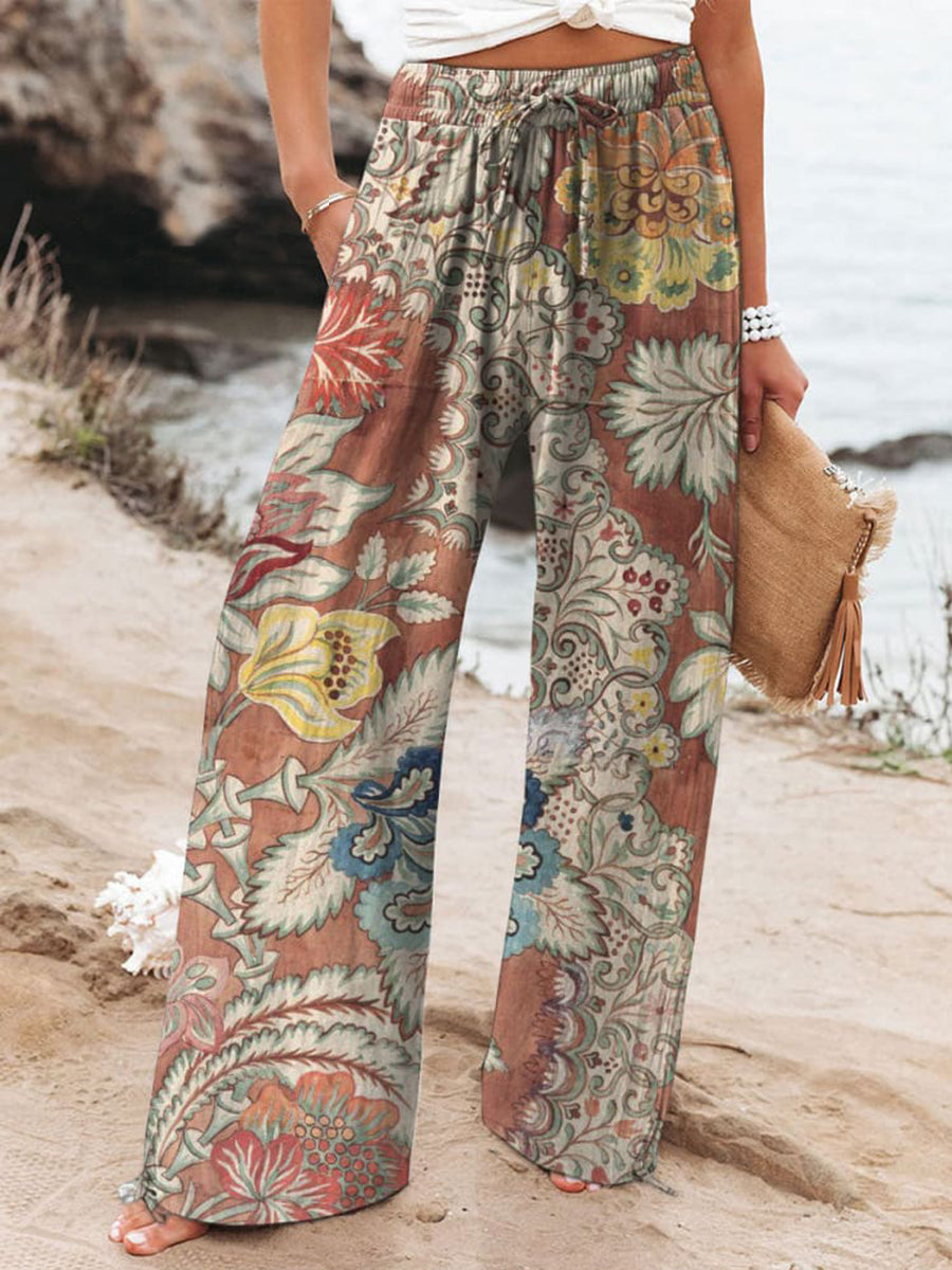 Women's Boho Flowers Art Printed Cotton And Linen Casual Pants