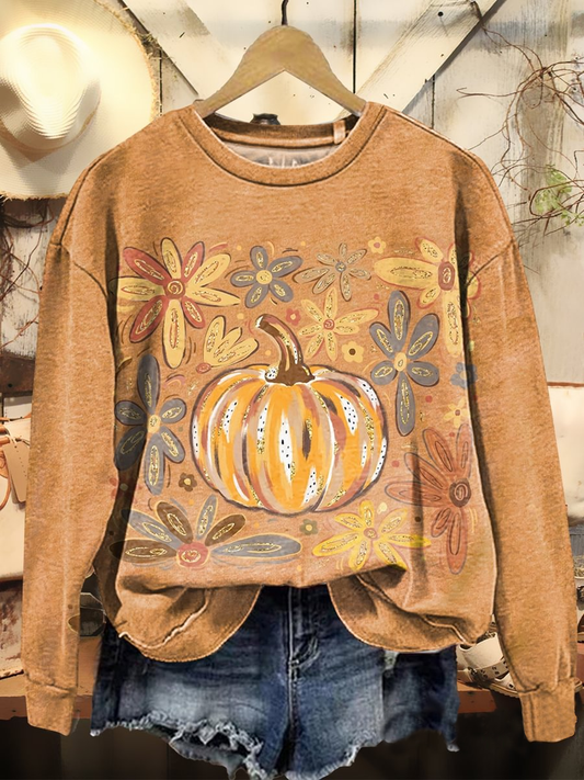 Vintage Autumn Floral Pumpkin Printed Long Sleeve Casual Top