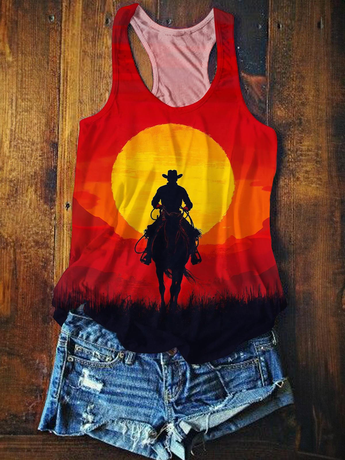 Retro Western Cowboy Sunset Printed Casual Tank Top