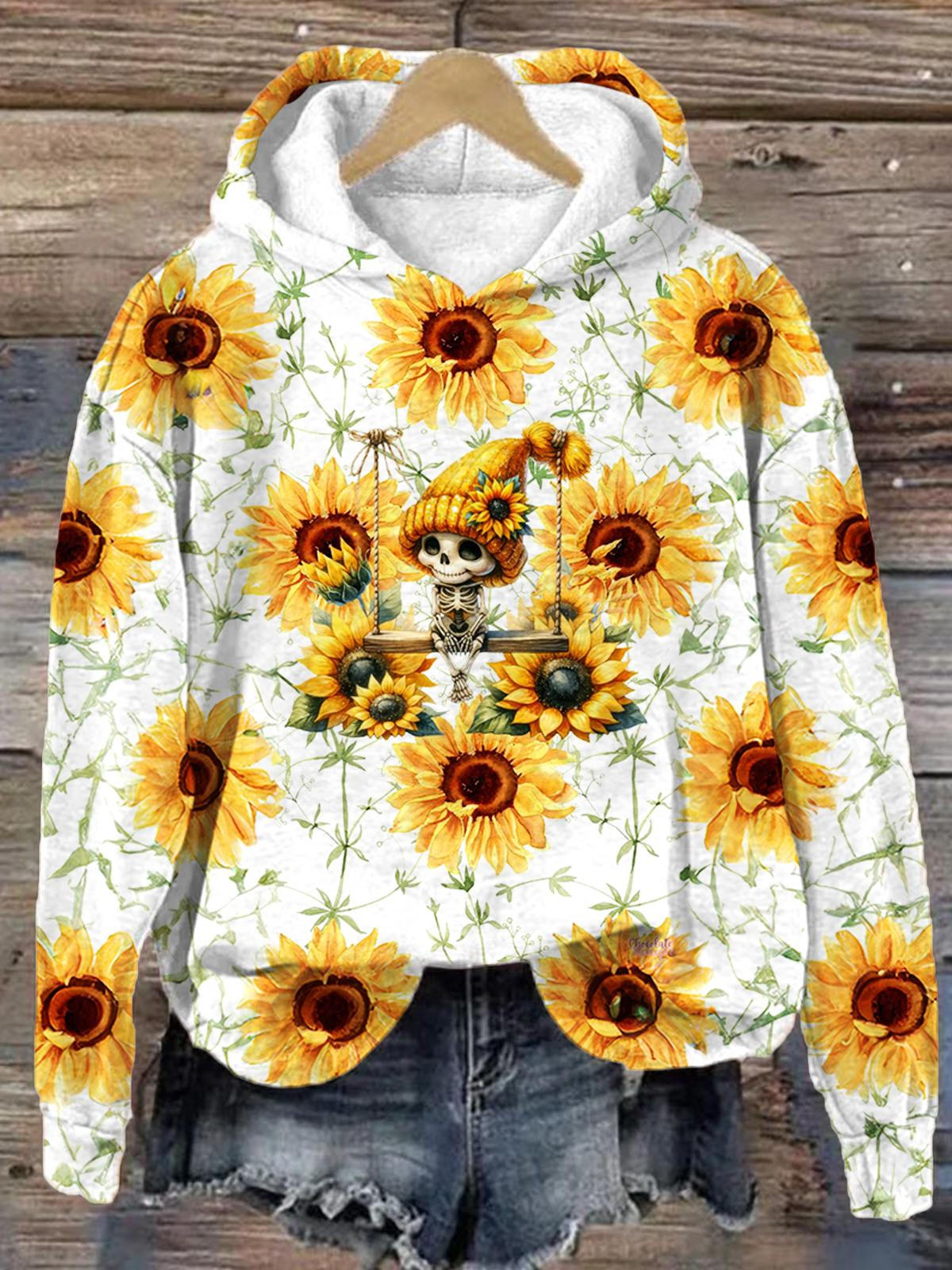 Sunflower Halloween Skull Print Long Sleeve Printed Hoodie